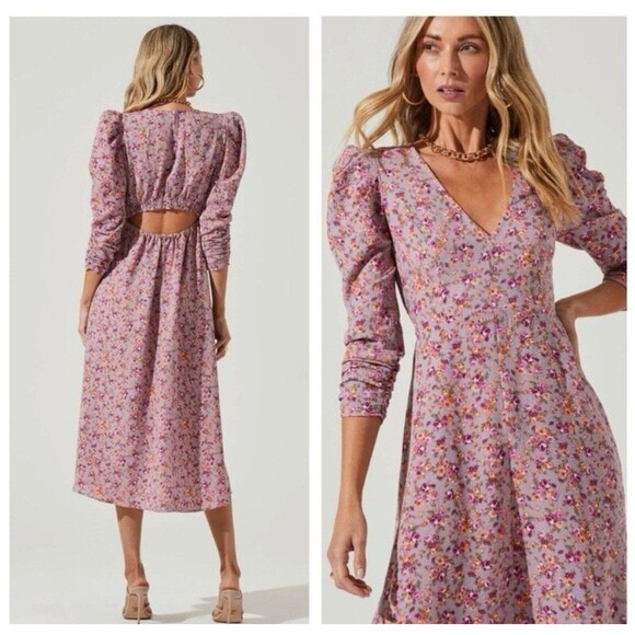 ASTR The Label Puff Sleeve Floral Midi Dress Women’s Small Purple Peach Cutout - Picture 1 of 10